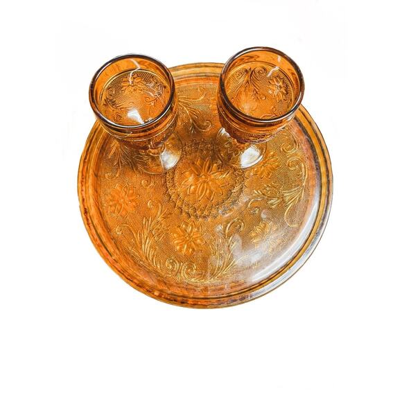 Vintage Indiana Tiara Amber Glass Tray & Cordial Glasses - Picture 2 of 7